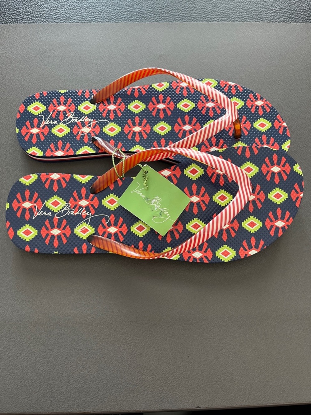 Vera Bradley Navy Flip Flops with Red & Lime Geometric Print